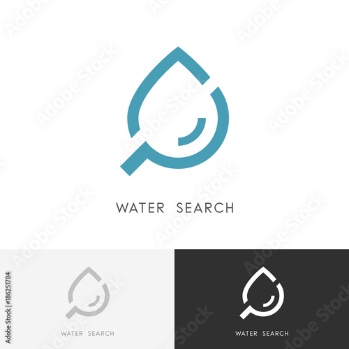 Water search logo - drop of liquid or oil and loupe or magnifier symbol. Laboratory, research and ecology vector icon.