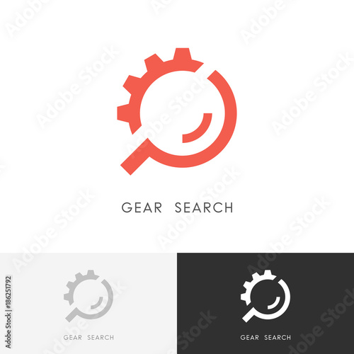 Gear search logo - wheel or pinion and loupe or magnifier symbol. Industry, equipment and machinery, repair and maintenance vector icon.