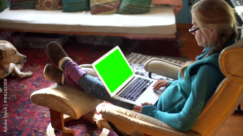 Steadicam shot of mature woman in easy chair looking at computer with dog at her feet.
