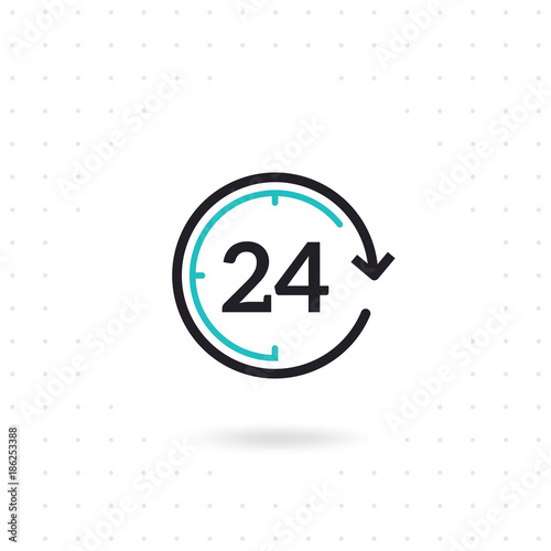24 hours flat vector icon. Flat line design open 24 hours. Non stop working shop or service. Outline clock symbol. Twenty four hours icon. Colored flat line vector illustration
