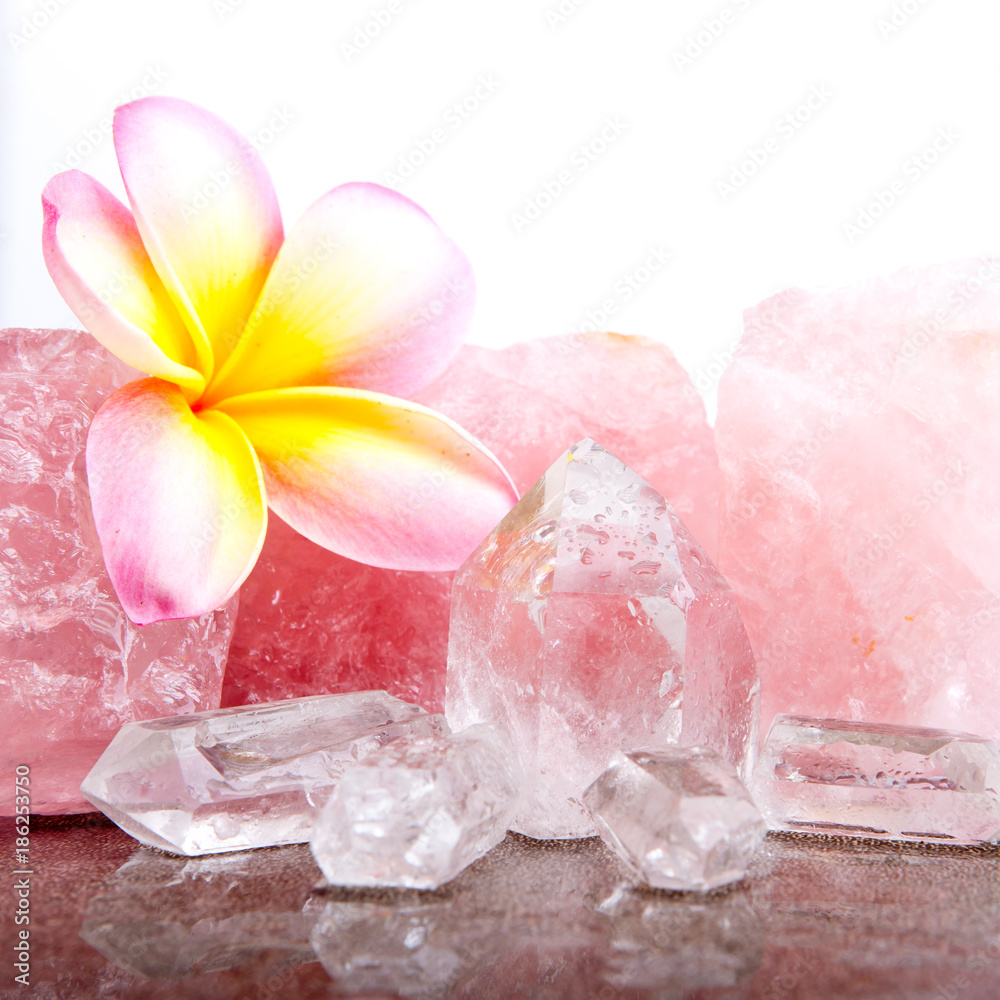 Pastel Pink and Yellow Frangipani with Rose and Clear Quartz crystals Pastel Pink and Yellow Frangipani with Rose and Clear Quartz crystals