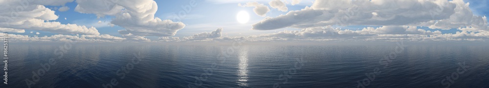 Naklejka premium panorama morza zachód słońca. słońce nad wodą pod niebem z chmurami. transparent.