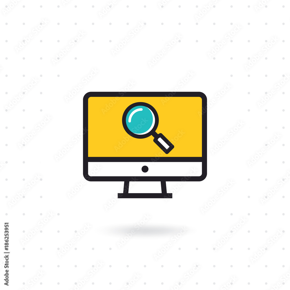Computer screen icon. Monitor with magnifying glass vector. Monitoring line vector icon. Computer screen for website and apps. Colored flat line vector illustration Computer screen icon. Monitor with magnifying glass vector. Monitoring line vector icon. Computer screen for website and apps. Colored flat line vector illustration