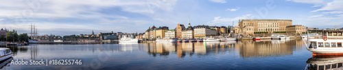 Stockholm daylight skyline panorama of Gamla Stan with Royal Palace. Panoramic montage