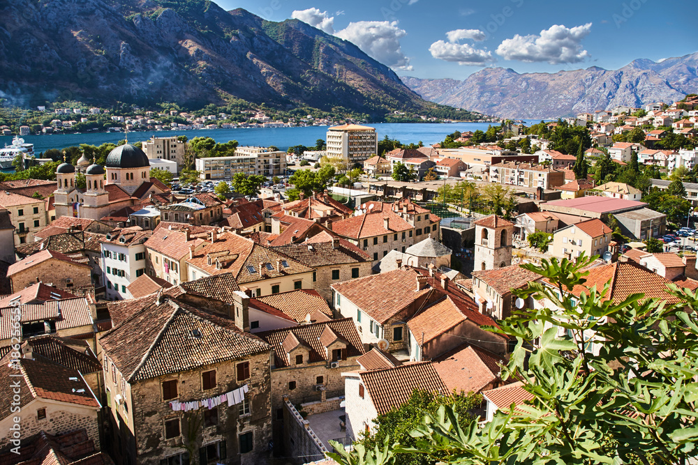 View of the mountains, the bay and the city of Kotor in Montenegro.