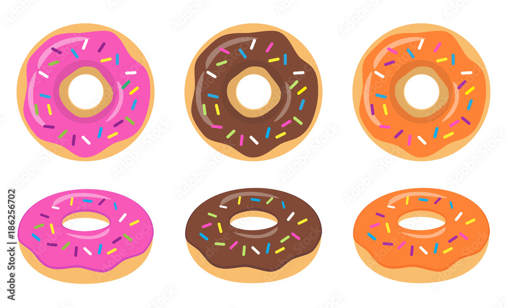 Fototapeta premium Colorful pink, chocolate, orange glazed donut set on white background. The view from the top and from the side. Vector illustration