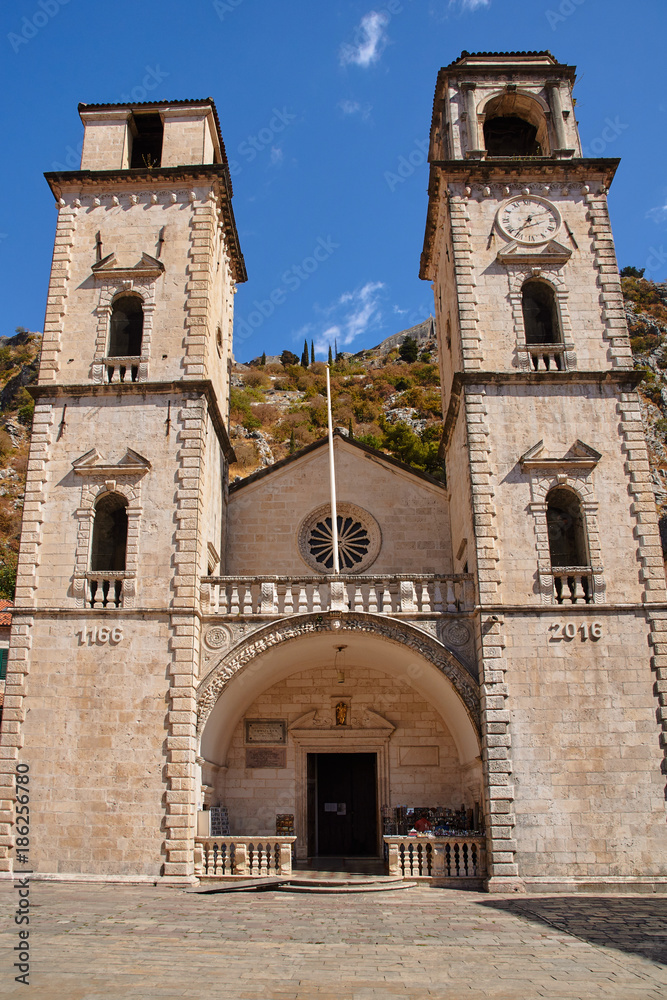 Belfries and entrance to the medieval church in the city of Kotor in Montenegro.