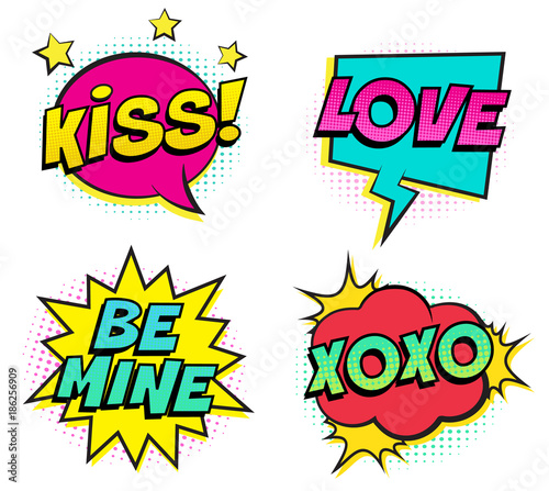 Retro colorful comic speech bubbles set for Valentine's Day. Isolated on white background. Expression text KISS, LOVE, BE MINE, XOXO. Vector illustration, pop art style.