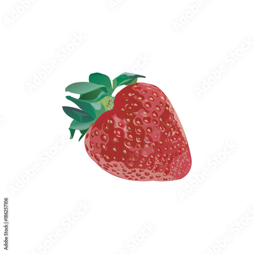 Realistic vector illustration of red strawberry with green leaf. Fresh juicy strawberry isolated on a white background.