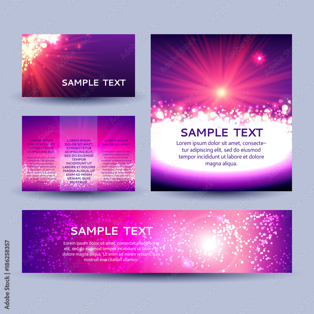 Set of abstract sunburst backgrounds in pink and violet, vector templates