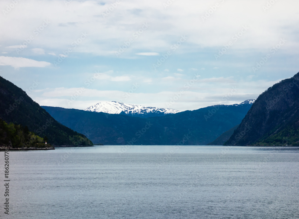 Narrowing cliffs and mountains in Sognefjord, Norway.