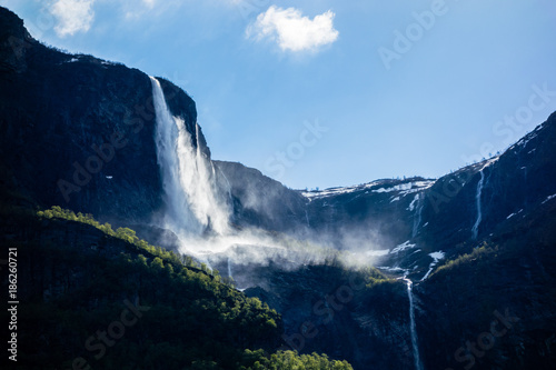 Waterfalls on cliffs near Sognefjord, Norway.