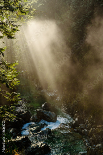 Sun Rays Through Mist Over Lynn Creek in Lynn Canyon Park