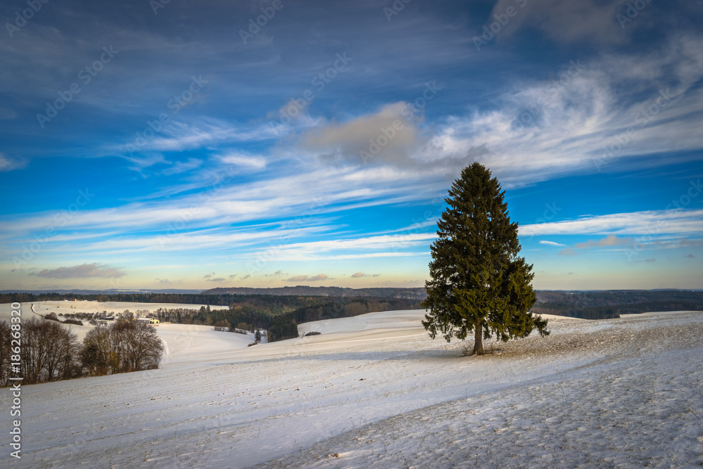 Winter landscape as seen from the summit of the mountain Witthoh near Tuttlingen in Germany.