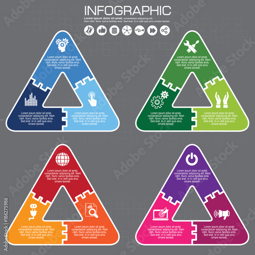 Vector connected infographic diagram. Circular chart with 3 options. Paper progress steps for tutorial. Triangular business concept sequence banner. EPS10 three parts puzzle workflow layout.