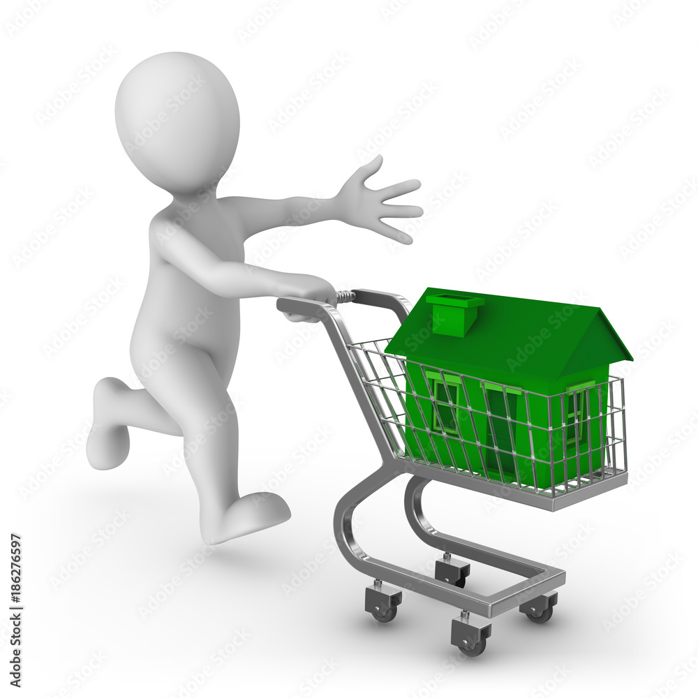 3d white man pushing a shopping cart with green house 3d white man pushing a shopping cart with green house