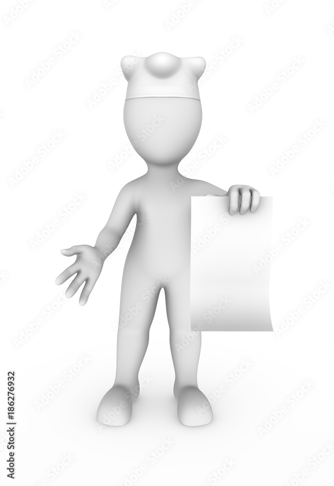 3d white cook with the blank poster in a hand 3d white cook with the blank poster in a hand