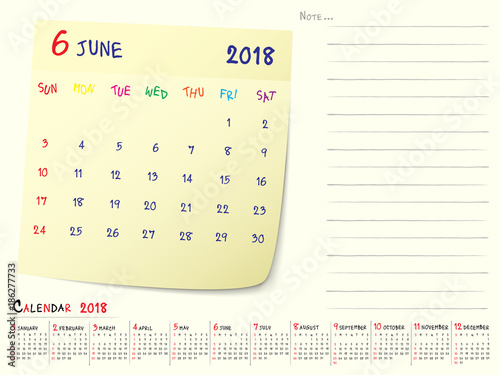 June 2018 Calendar Paper Note Design