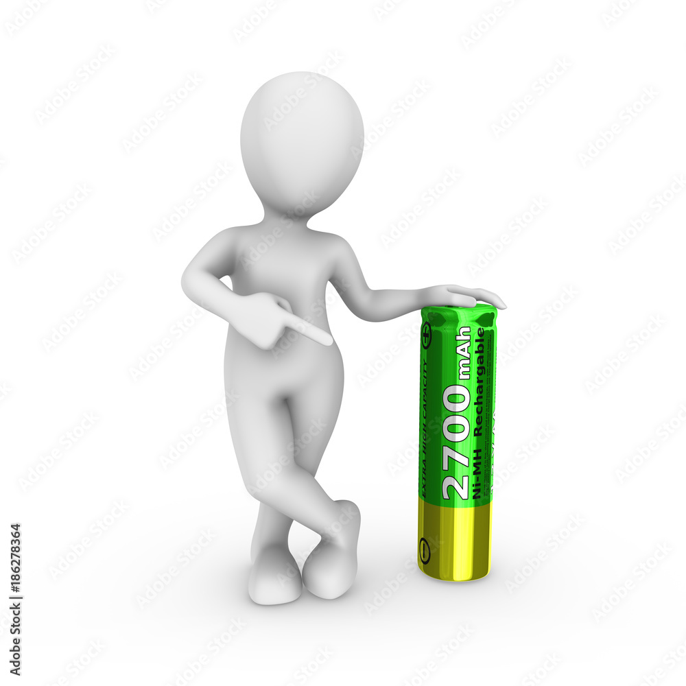 3d white man with green rechargeable battery 3d white man with green rechargeable battery