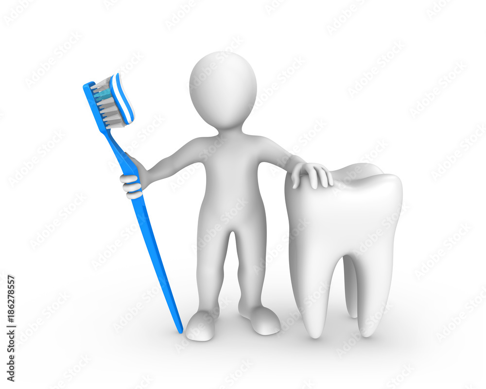3d white man with big tooth and toothbrush with toothpaste 3d white man with big tooth and toothbrush with toothpaste