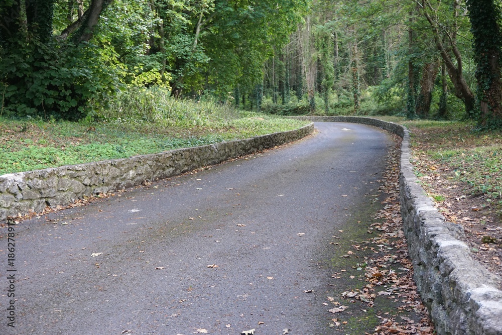 Stone lined roadway curves into the distance Stone lined roadway curves into the distance