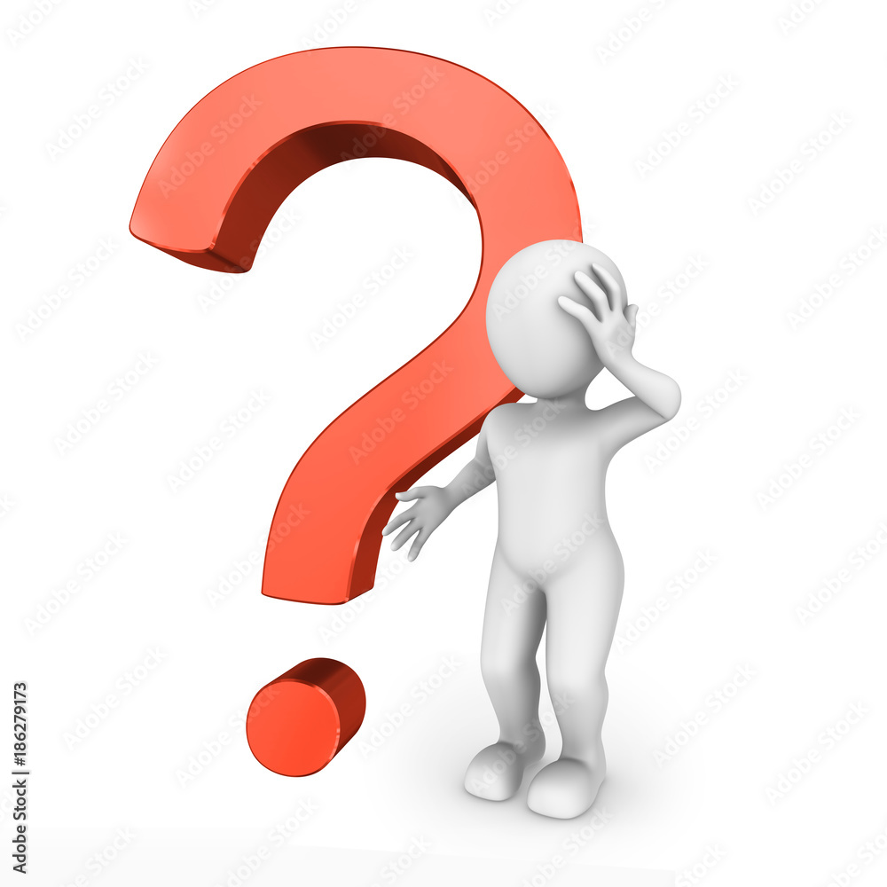 3d white man with big red question mark. 3d white man with big red question mark.