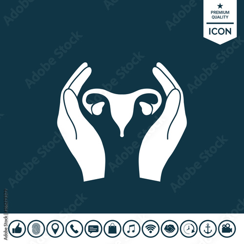 Hands holding Female uterus - protection icon