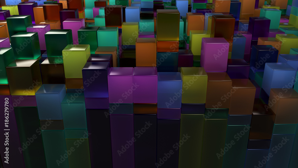 Obraz premium Wall of blue, green, orange and purple glass cubes