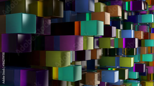 Wall of blue, green, orange and purple glass cubes