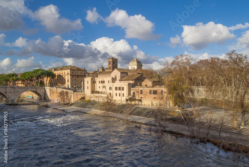 Rome (Italy) - The Tiber river and the monumental Lungotevere with 'Isola Tiberina' island, jewish district and 'Teatro Marcello' ruins