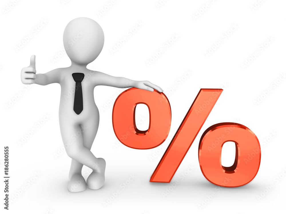 3d businessman, red percent symbol and thumbs up gesture. 3d businessman, red percent symbol and thumbs up gesture.