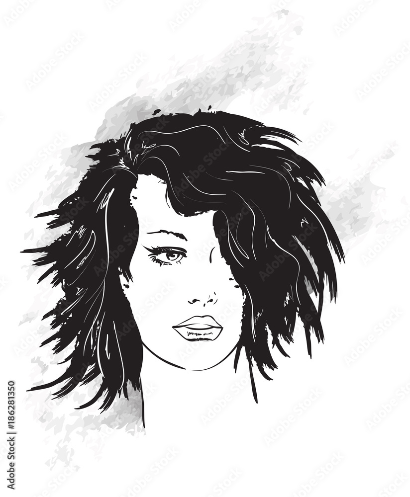 The face of a young beautiful woman with careless hair.. Women hairstyle sketch. Illustration women face with fashionable hairstyle. Vector Illustration