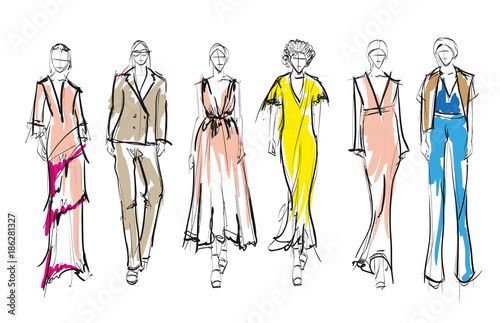 Sketch. Fashion Girls on a white background. Fashion models.
