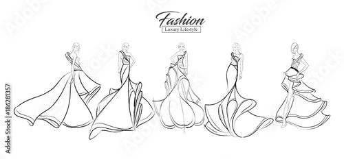 Fashion girl. Luxury lifestyle. A set of fashion sketches. Autumn-winter 2018. Fashion girls on a white background in beautiful evening dresses.
