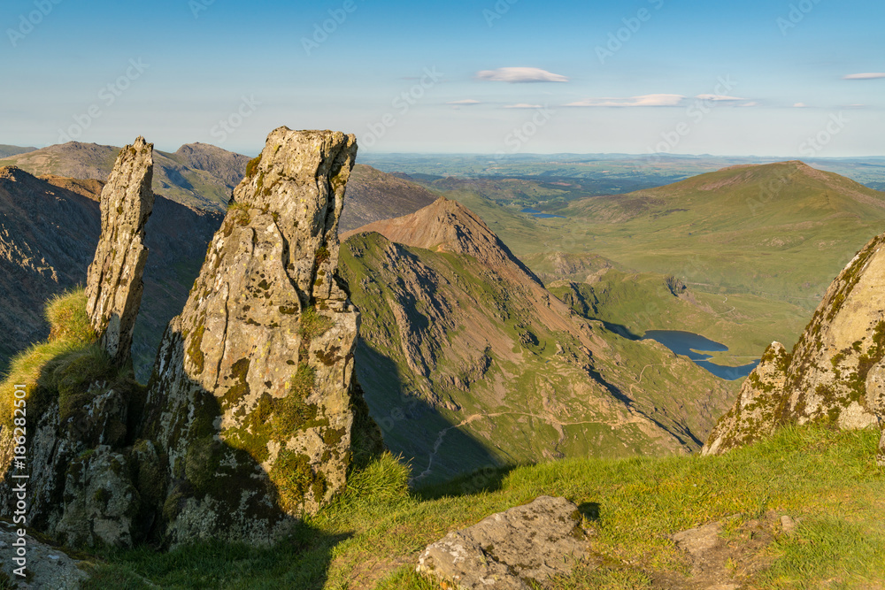 View from the Llanberis Path, Snowdonia, Gwynedd, Wales, UK - looking northeast at Garnedd Ugain, Llyn Llydaw and Mount Snowdon