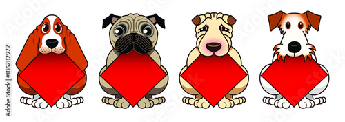 Four cute doggies have a blank diamond shape spring festival couplets in their mouth.  All those Chinese words at behind are some common greetings during Chinese New Year, wishing all the people to ha