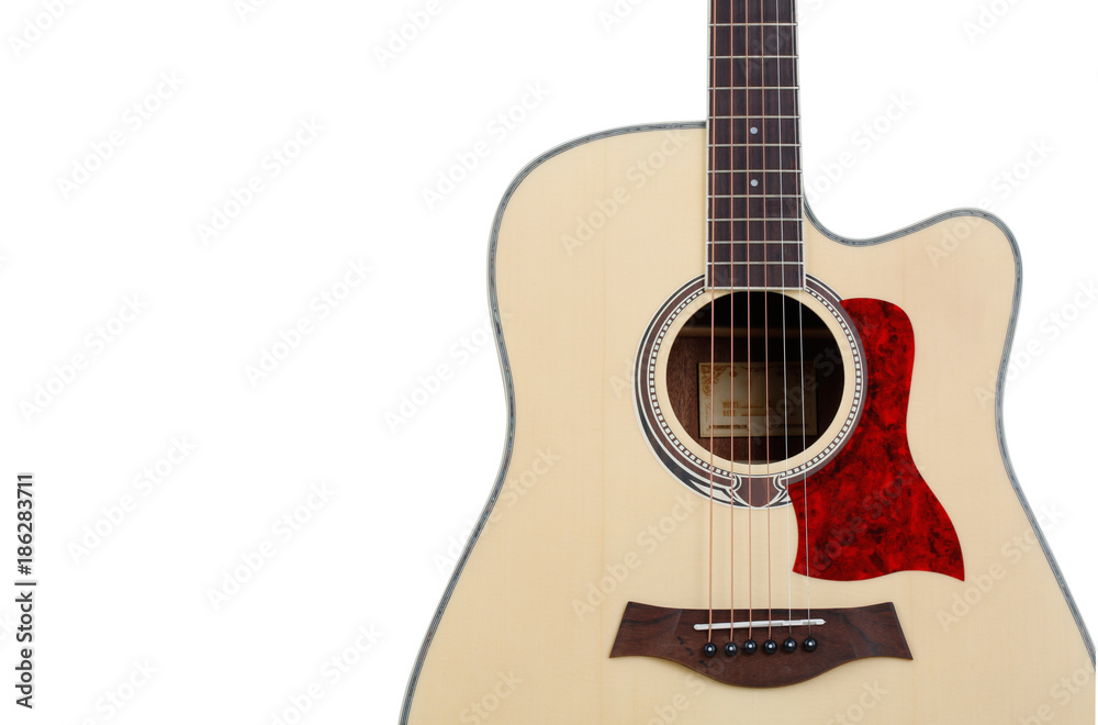 Part of guitar closeup and on white background. Part of guitar closeup and on white background.