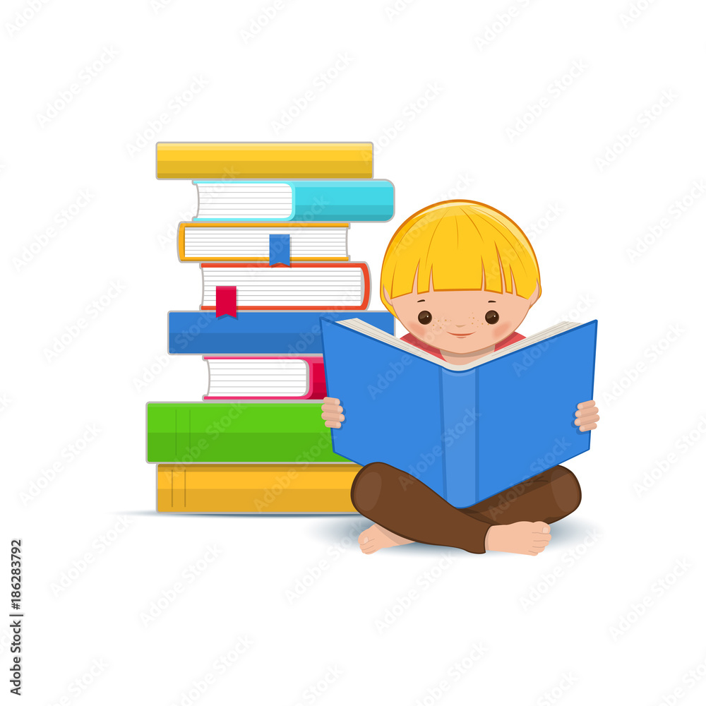 Little boy reading book. Boy with stack of colored textbooks Little boy reading book. Boy with stack of colored textbooks