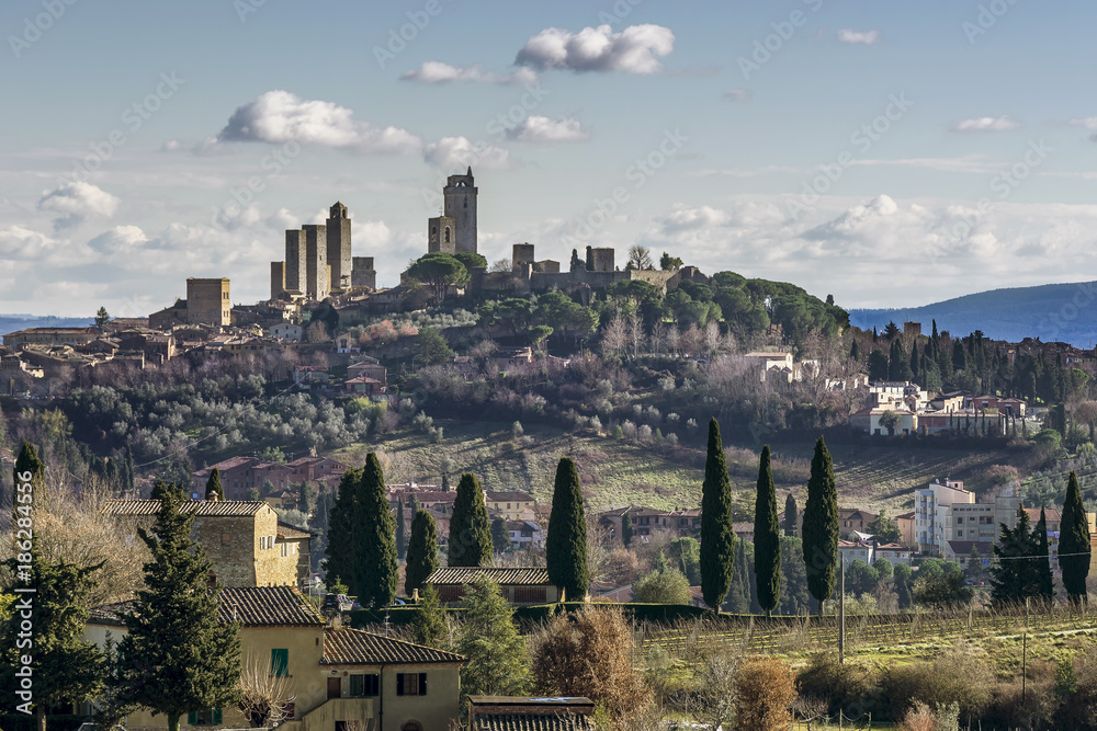 Aerial view of San Gimignano and surroundings , Siena, Tuscany, Italy