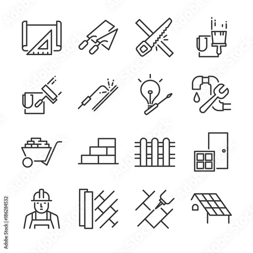 Home renovation icon set. Included the icons as paint, wall, roof, saw, construction, plan, floor and more.