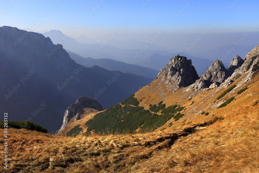 Poland, Tatra Mountains, Zakopane – Kondracka Pass with Little Giewont and Siodlo peaks - in the back Malej Laki Valley and Przelecz w Grzybowcu pass