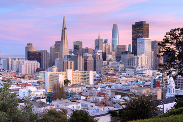 Fototapete San Francisco Skyline von San Francisco in rosa und blauem Himmel. Ina Coolbrith Park, San Francisco, Kalifornien, USA.  © Yuval Helfman