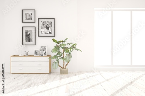 White empty room with shelf. Scandinavian interior design. 3D illustration