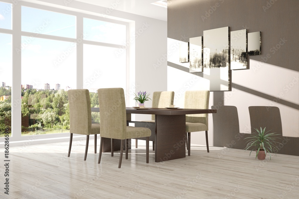 Fototapeta premium White dinner room with summer landscape in window. Scandinavian interior design. 3D illustration