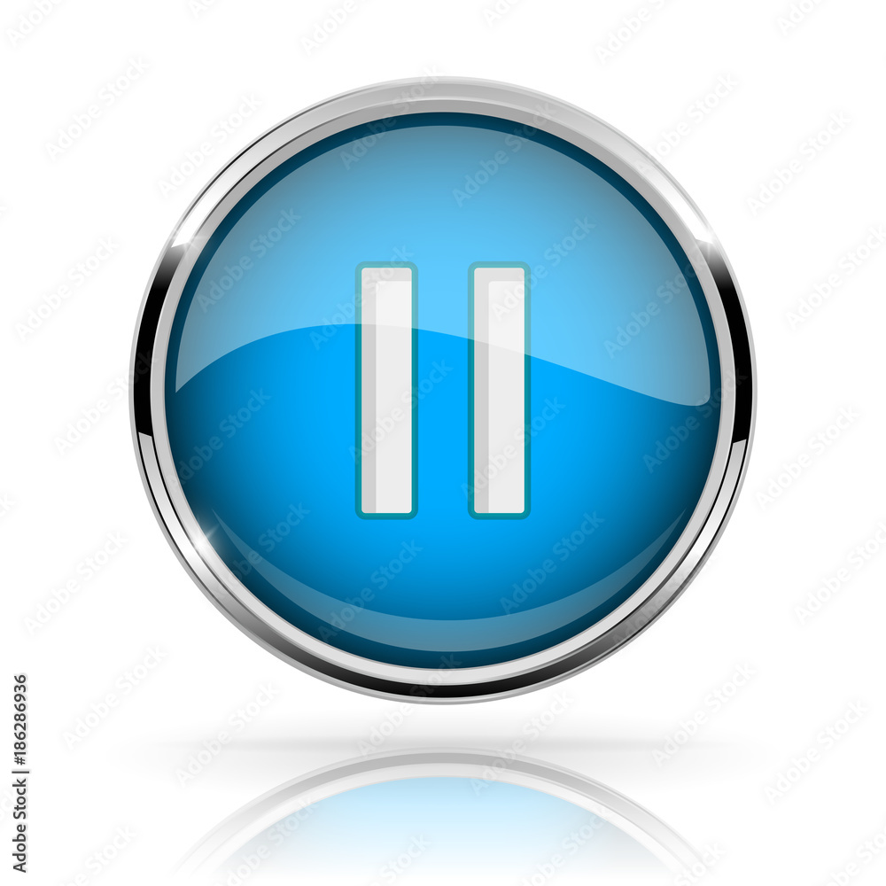 Blue round media button. PAUSE button. Shiny icon with chrome frame and with reflection Blue round media button. PAUSE button. Shiny icon with chrome frame and with reflection