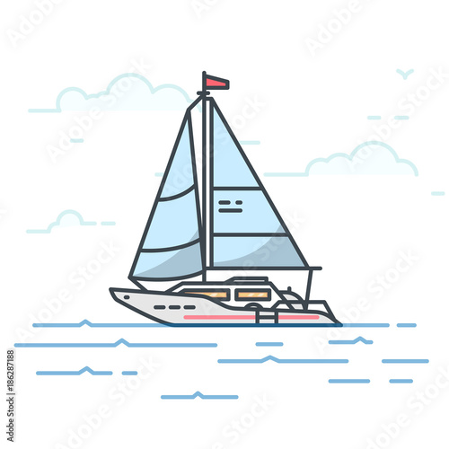 Modern sail yacht in the sea. Trendy line vector illustration. Big boat on water. Oceanic ship traveling concept. Water transport.
