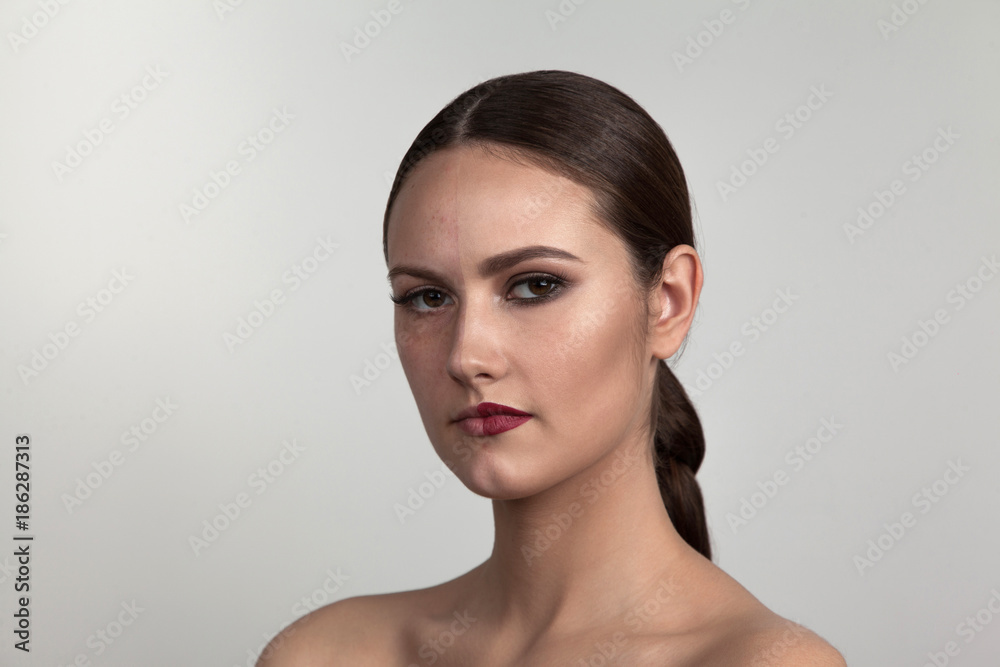 Woman with make-up on one side of the face and without make-up on the second side of the face. Before and after makeup. Woman with make-up on one side of the face and without make-up on the second side of the face. Before and after makeup.
