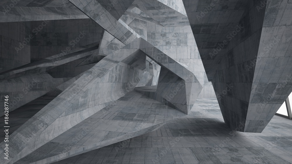 Abstract white and concrete interior multilevel public space with window. 3D illustration and rendering. Abstract white and concrete interior multilevel public space with window. 3D illustration and rendering.