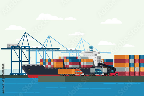 Cargo logistics truck and transportation container ship with working crane import export transport industry in shipping yard. illustration vector
