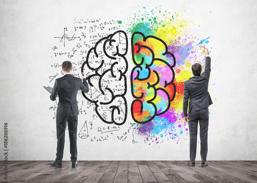 Two businessmen drawing a brain sketch, concrete Two businessmen drawing a brain sketch, concrete